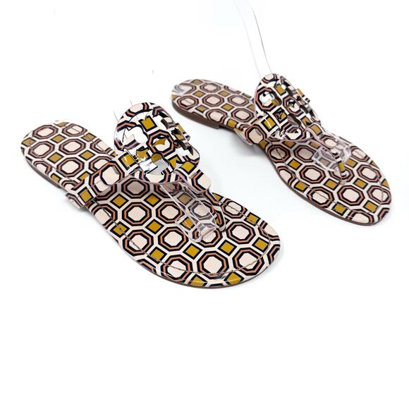 TORY BURCH Yellow Pink Geometric Print Patent Leather Miller Sandals Size 8 - Picture 5 of 11